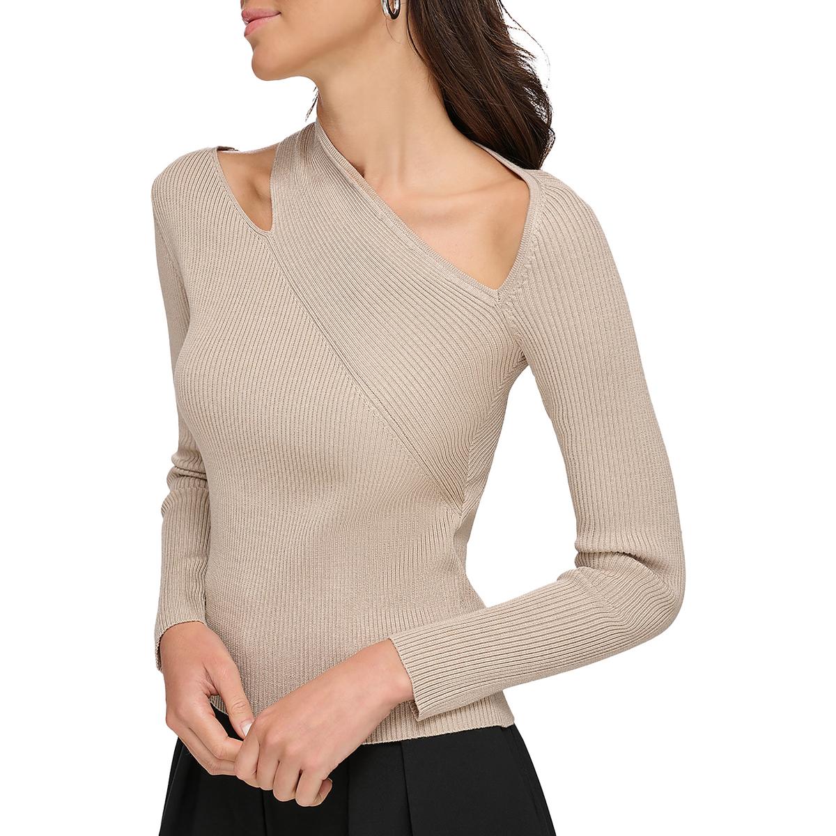 

Женский ребристый трикотажный свитер с вырезом DKNY, цвет light city khaki