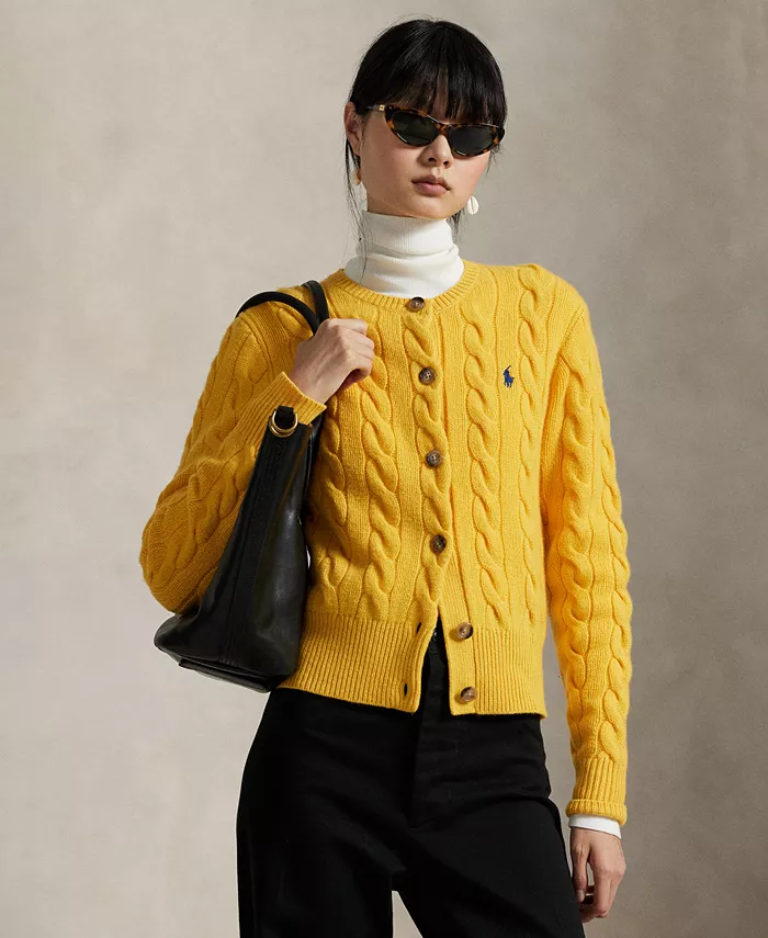 

Женский кардиган-свитер из шерсти и кашемира с косичной вязкой Polo Ralph Lauren, желтый