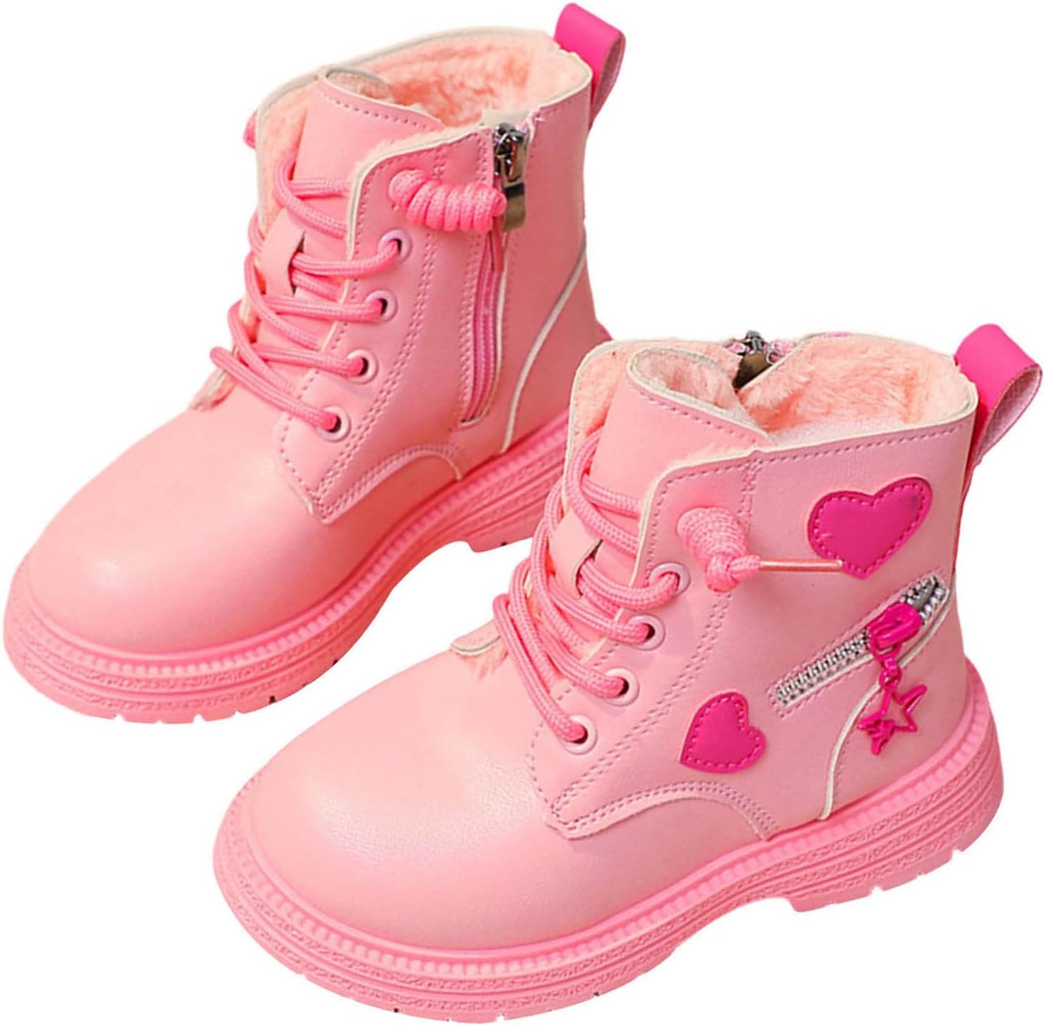 

Девочкам Мягкие утепленные ботильоны до щиколотки с милым сердечком, шнуровкой и боковой молнией, зимние теплые ботинки Generic, Pink