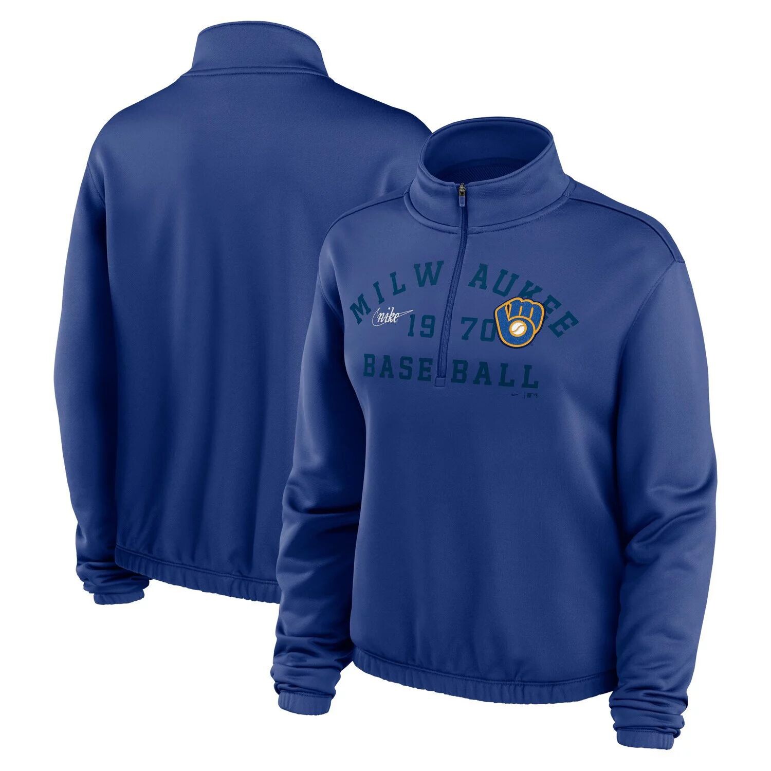 

Женский свитшот с молнией до половины Nike Royal Milwaukee Brewers Rewind Splice Nike