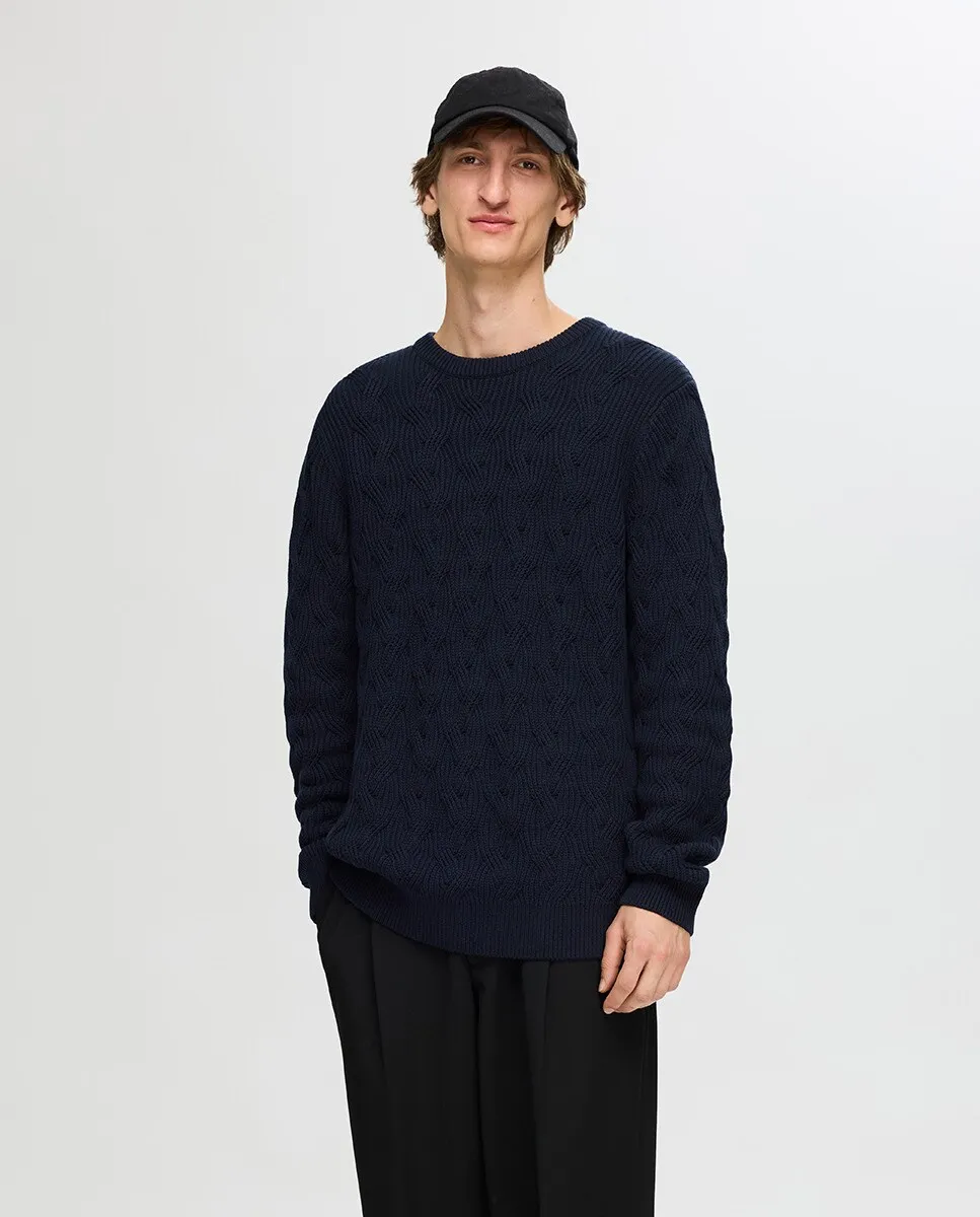 

Мужской свитер с круглым вырезом из натурального хлопка Selected, темно-синий