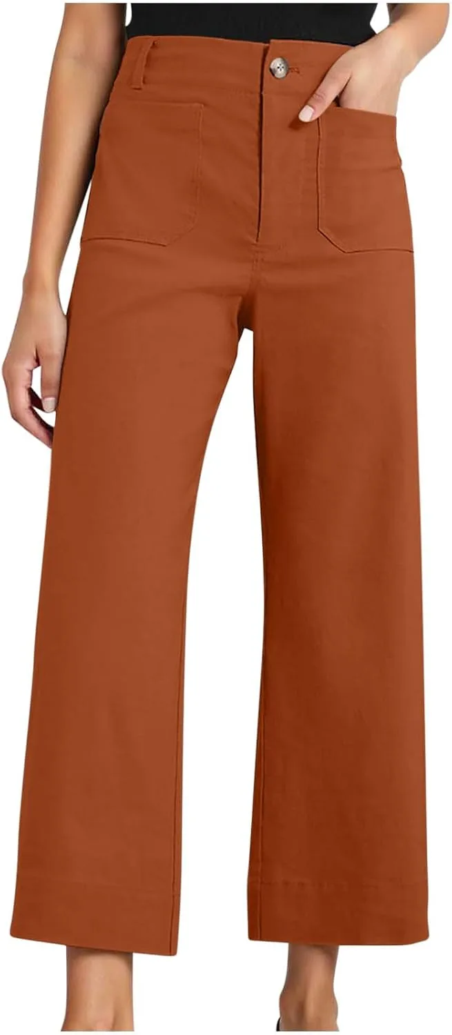 

Высокие широкие брюки для женщин Casual Flare Cropped Denim Stretchy Baggy с накладными карманами Floleo