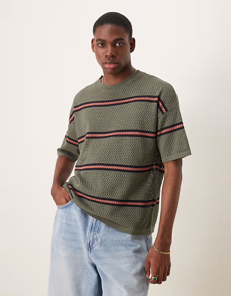 

Свободная трикотажная футболка в полоску ASOS DESIGN зеленого цвета