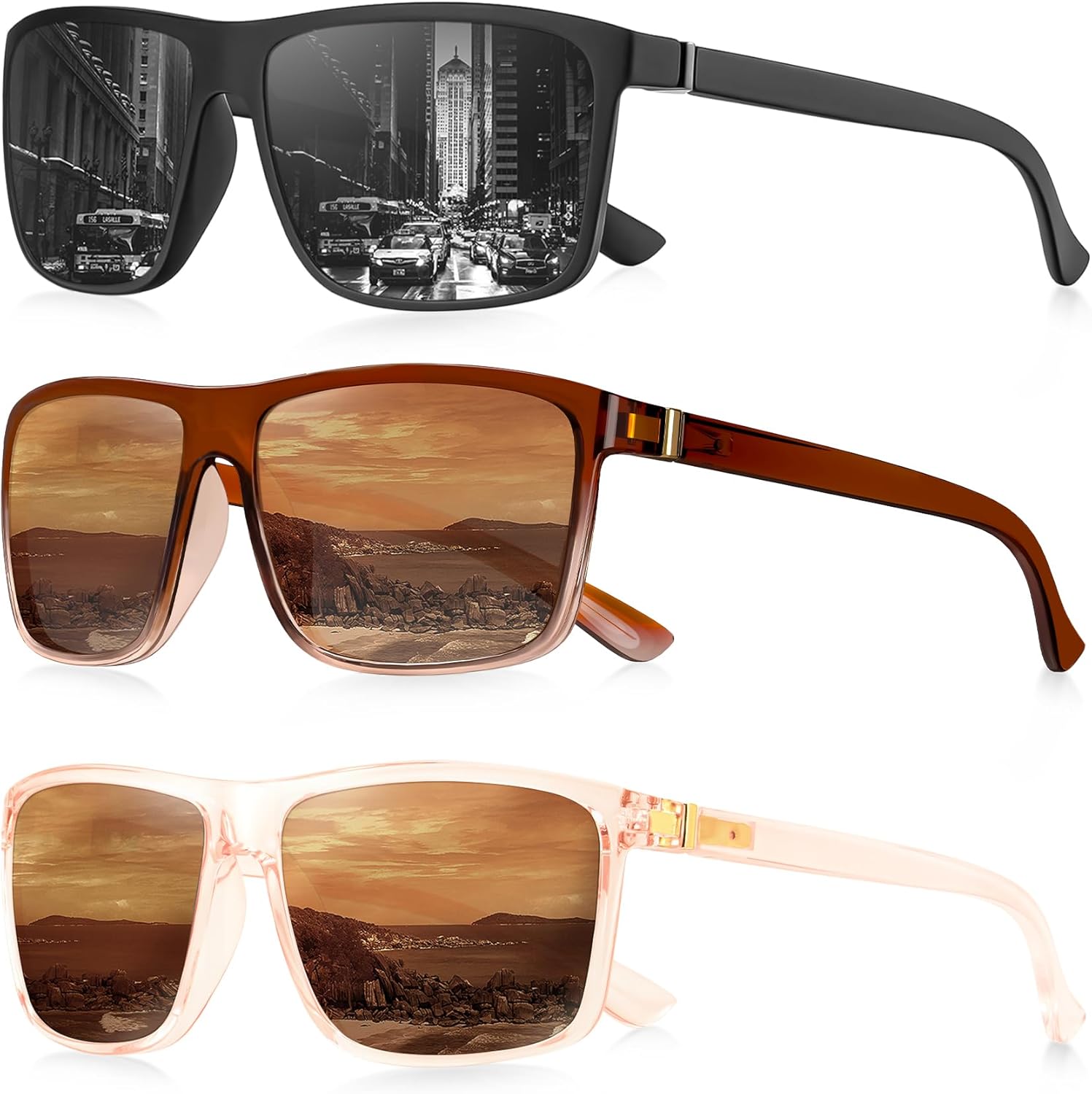 

Мужские поляризованные солнцезащитные очки NSSIW: классические солнцезащитные очки с защитой UV400 для вождения, рыбалки, гольфа, комплект из 3 штук, Black+translucent Brown+gradient Brown