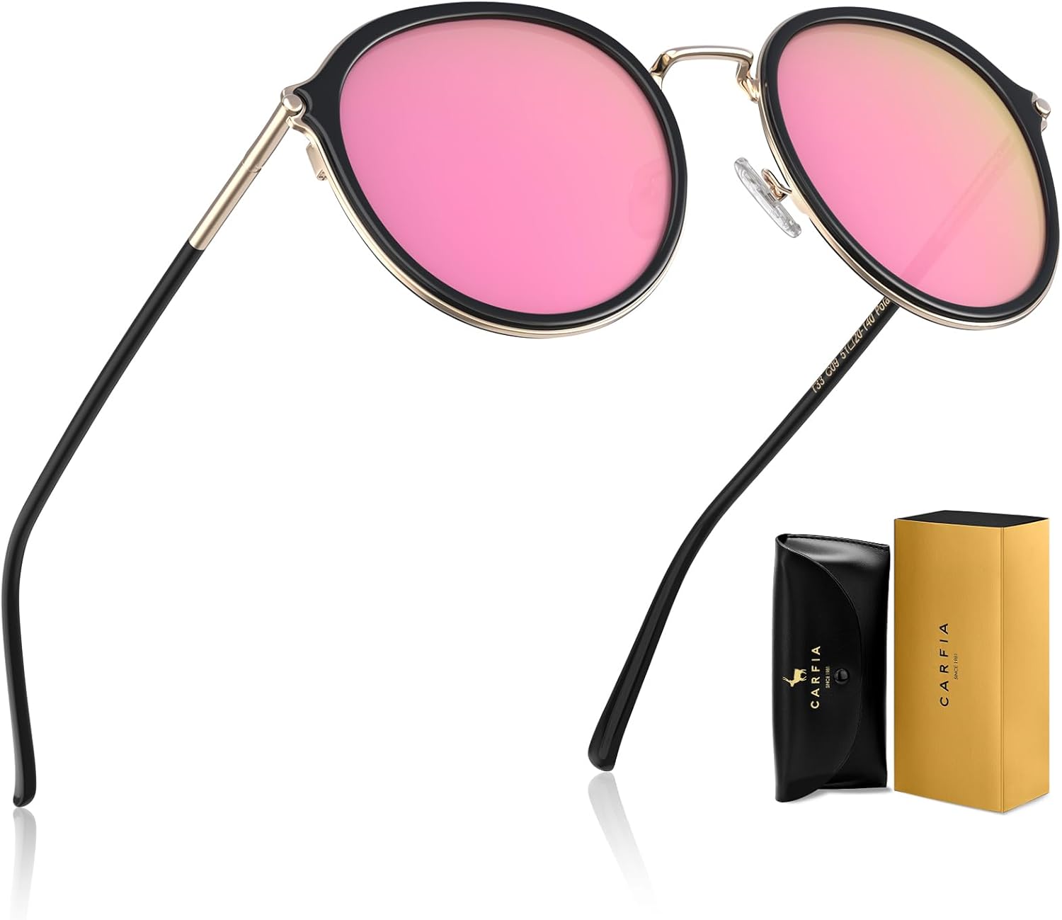 

Солнцезащитные очки CARFIA Retro Acetate Polarized для женщин с защитой от УФ-излучения, модные круглые солнцезащитные очки с металлическими оправами, 3. Black Frame Pink Mirrored Lens