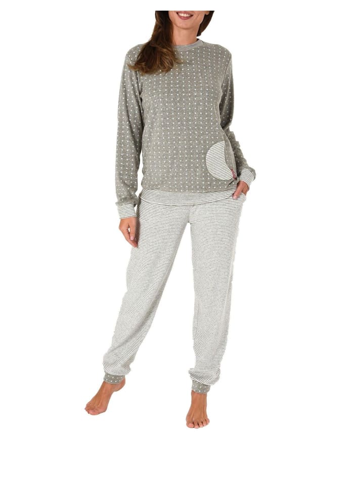 

NORMANN Пижама из махровой ткани с длинными рукавами, манжетами и узором в горошек, серого цвета