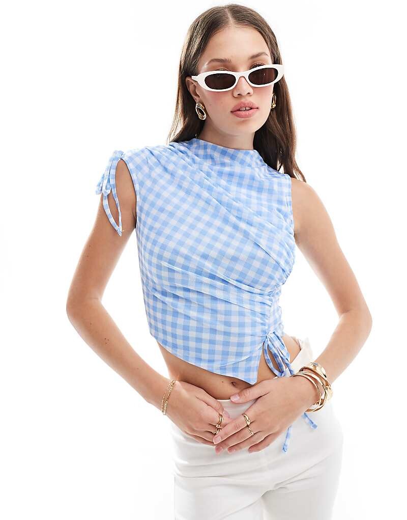 

ASOS DESIGN – Сетчатый топ без рукавов с оборками в клетку синего цвета Vichy