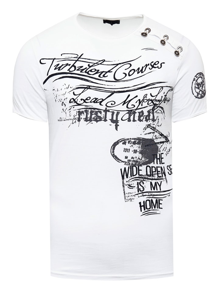 

Футболка из промасленной ткани с планкой на пуговицах по бокам и принтами белого цвета Rusty Neal, Белый, Футболка из промасленной ткани с планкой на пуговицах по бокам и принтами белого цвета Rusty Neal