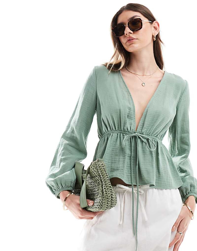 

Укороченный топ с длинными рукавами и завязками из марли ASOS DESIGN