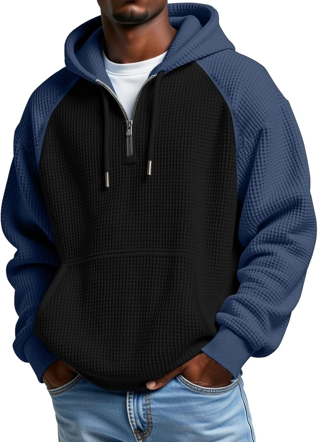 

Мужской свитер с молнией на четверть, длинный рукав, текстурированная вафельная вязка