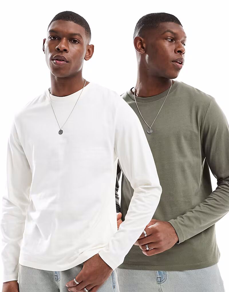 

ASOS DESIGN Essential, 2 футболки с длинными рукавами и круглым вырезом, кремового и хаки цвета