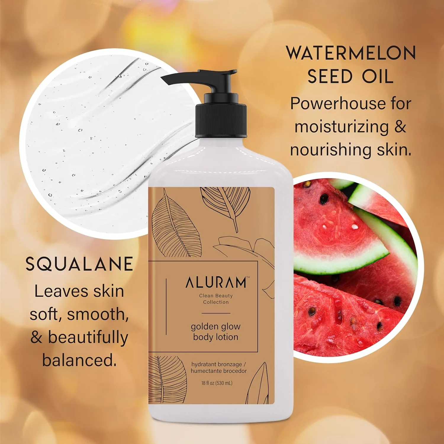 Лосьон для тела Aluram Golden Glow, питательный, придающий сияние и тонус, с скваланом и маслом семян арбуза, 18 жидких унций. 532 мл (1 шт.) — фото 4