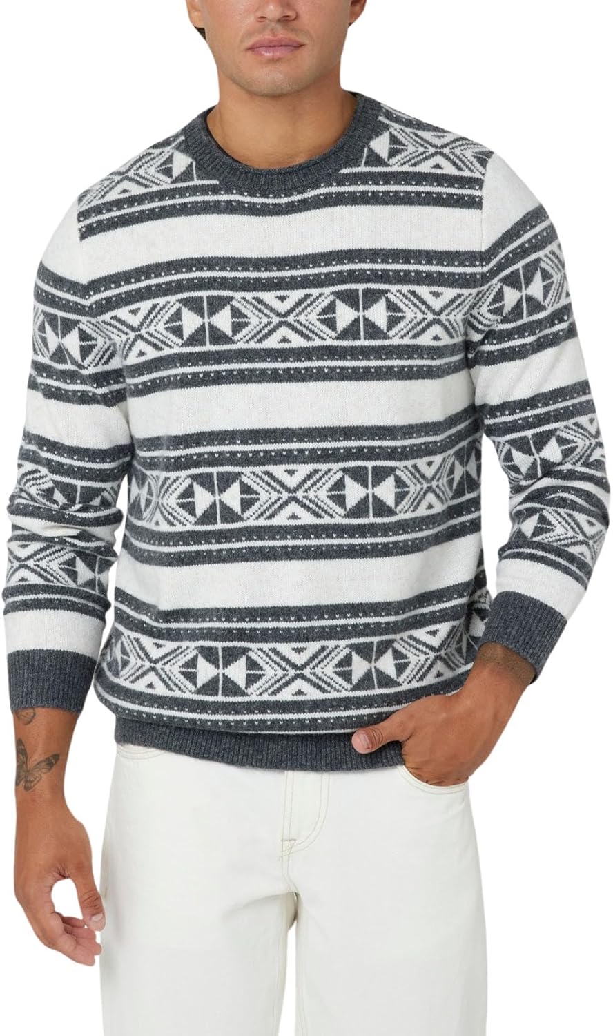 

GUESS мужской джерси свитер Ezekiel, Linen Dark Grey Ethnic Stripes