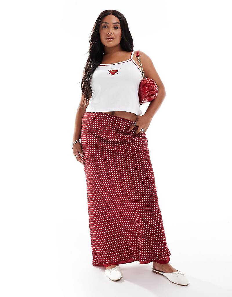 

ASOS DESIGN Curve — диагональная юбка макси из красного шифона в горошек