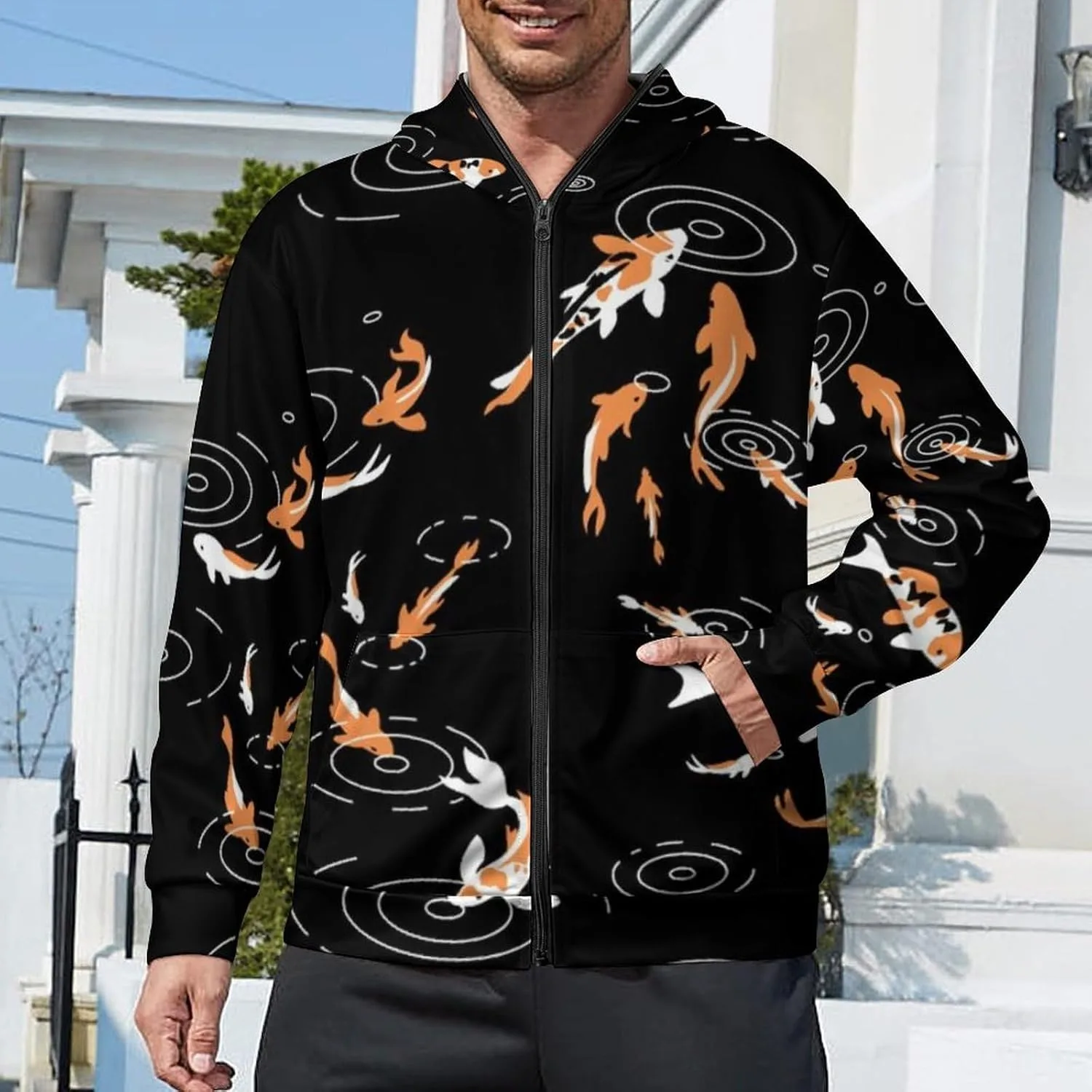 Толстовка с капюшоном Blue Golden Fish Koi, мужская, на молнии, с карманами — фото 2