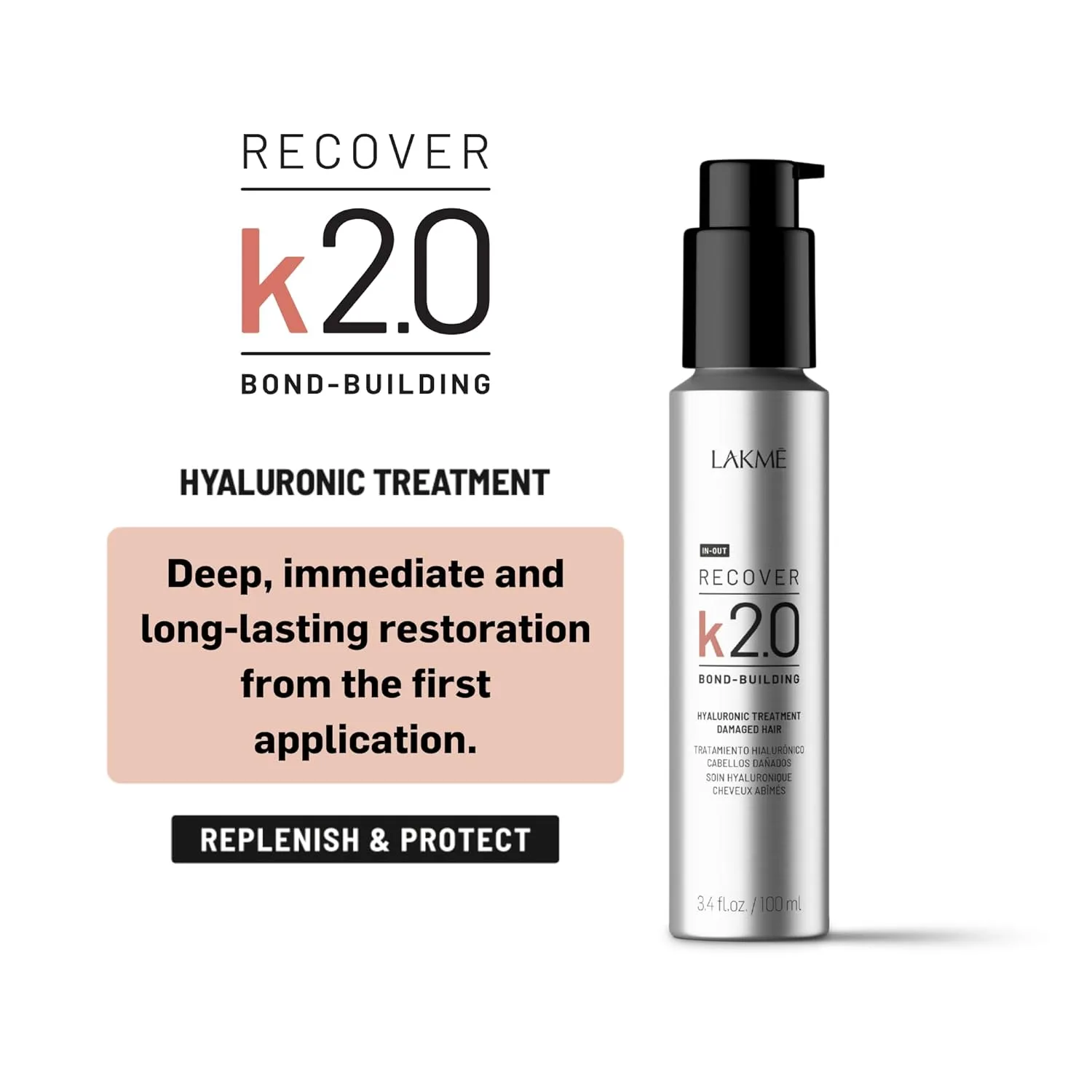 LAKMÉ K2.0 Recover Hyaluronic Hair Treatment, несмываемый увлажняющий крем для волос, укрепляет и защищает волокна, восстанавливает повреждения и кератин, 3,4 жидких унции — фото 2