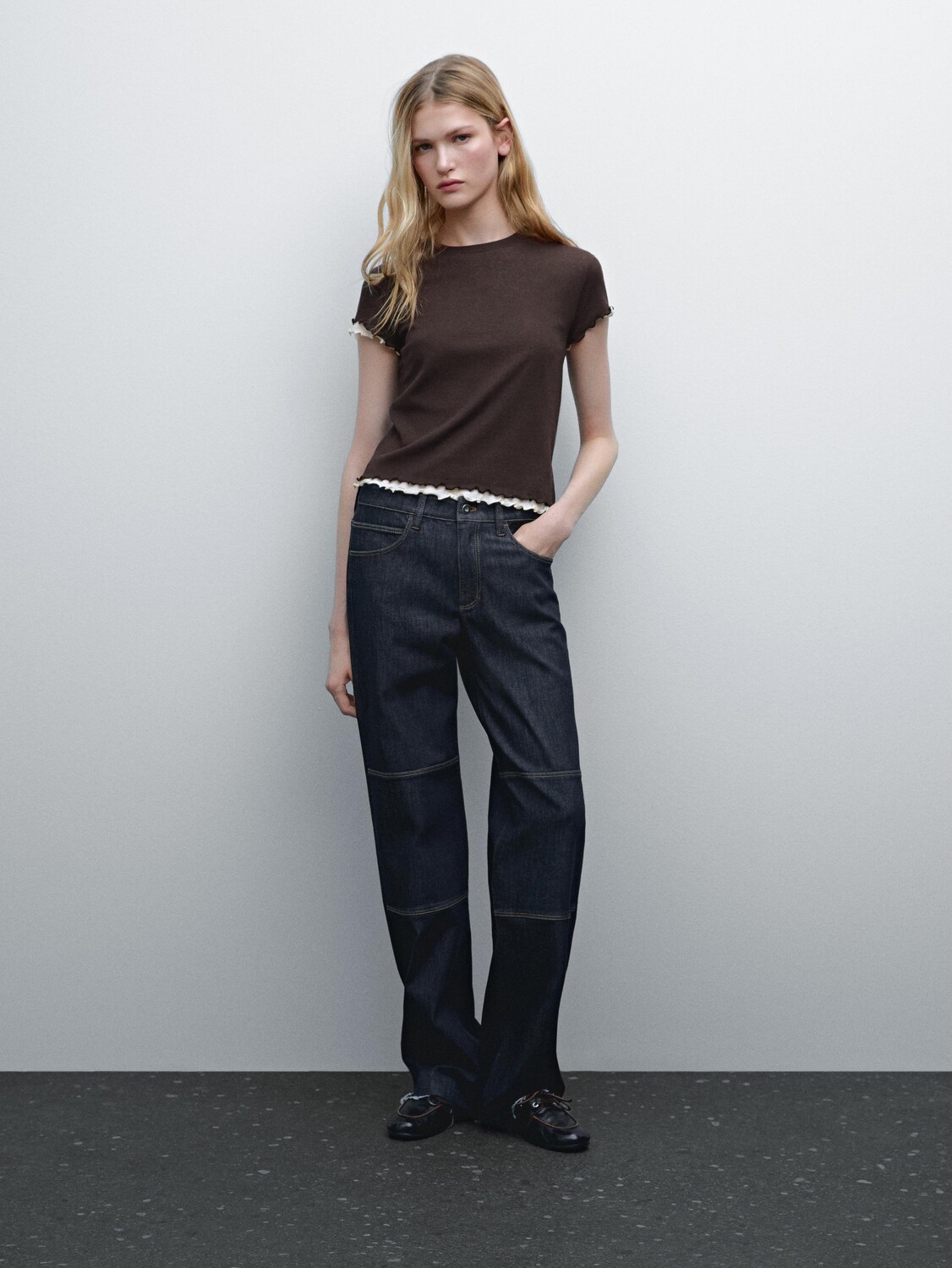 

Двухслойная футболка с волнистой отделкой Massimo Dutti, коричневый