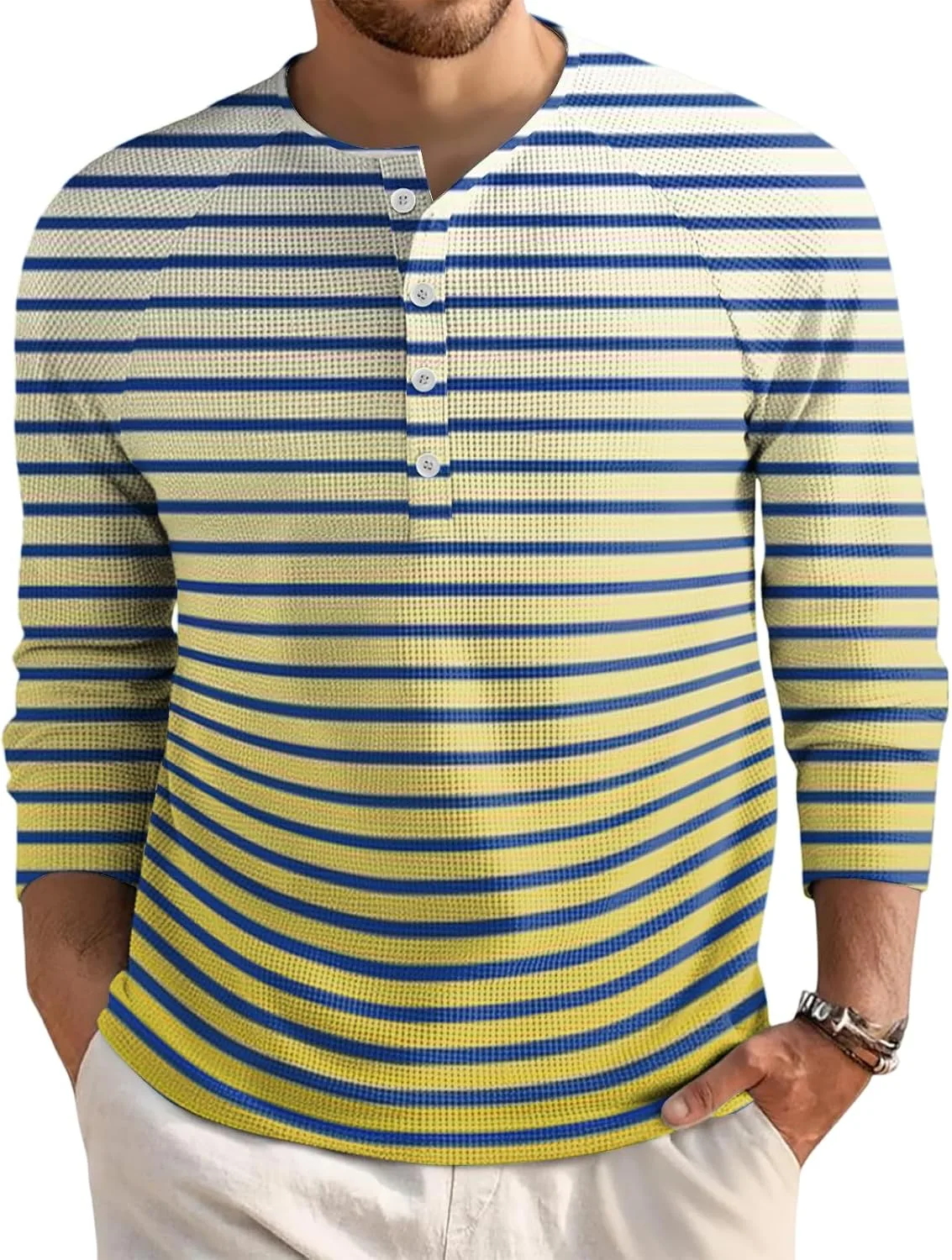 

Футболка-поло Waffle для мужчин, полоска, длинный рукав, свободный крой