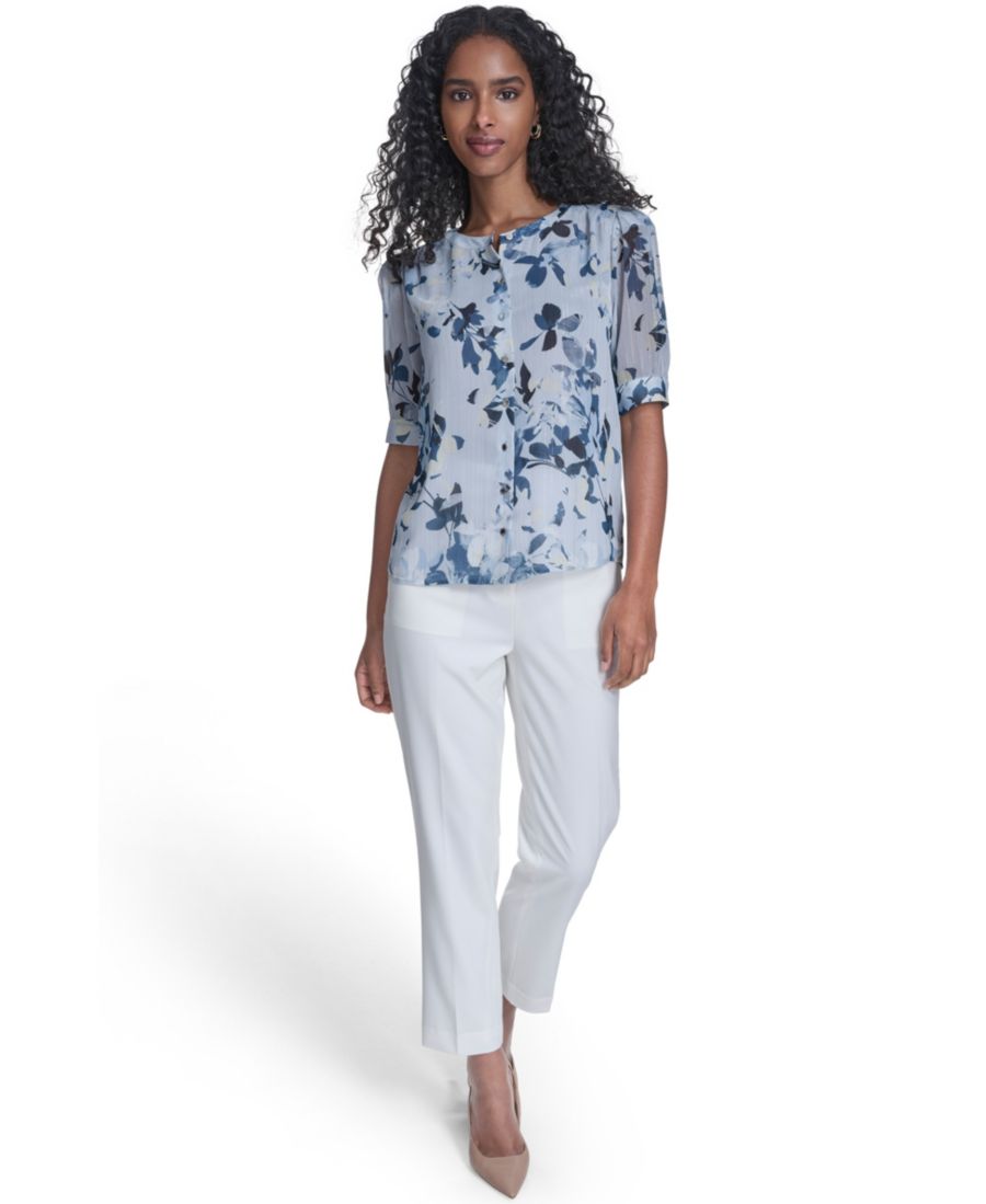 

Укороченная блузка с короткими рукавами и застежкой на пуговицы спереди Calvin Klein, Mist/Double Cream