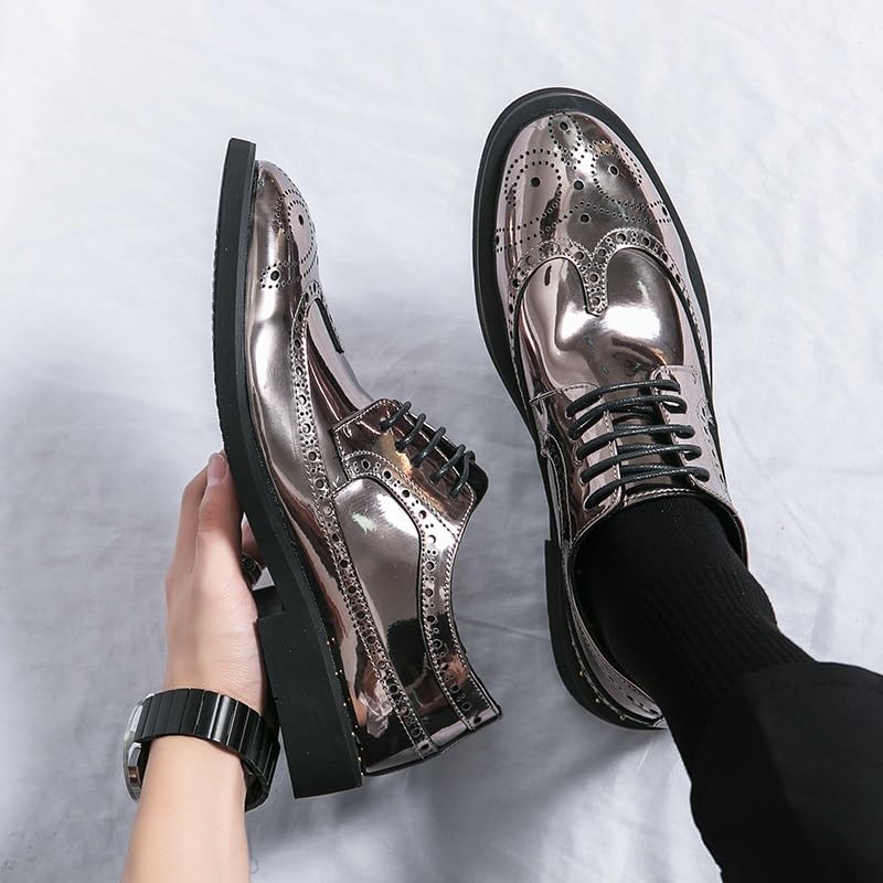 Мужские туфли Oxford с шнуровкой Brogue с тиснением, блестящие дерби, противоскользящие, низкие, с резиновой подошвой, для вечеринок Jiadeli, серебро — фото 2