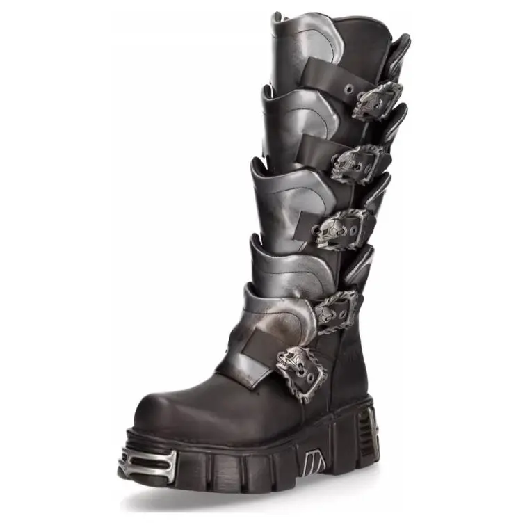 

Высокие ботинки до колена 6 см Unisex серебристый черный NEW ROCK, серебряный черный