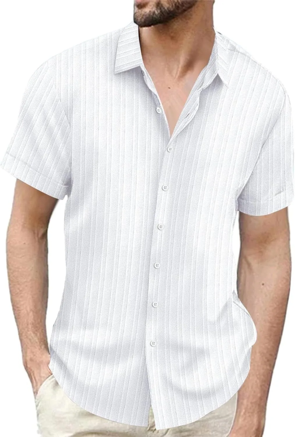 

Мужская повседневная рубашка с коротким рукавом, полоска, жаккард, летняя, лен, regular fit xoxingysm