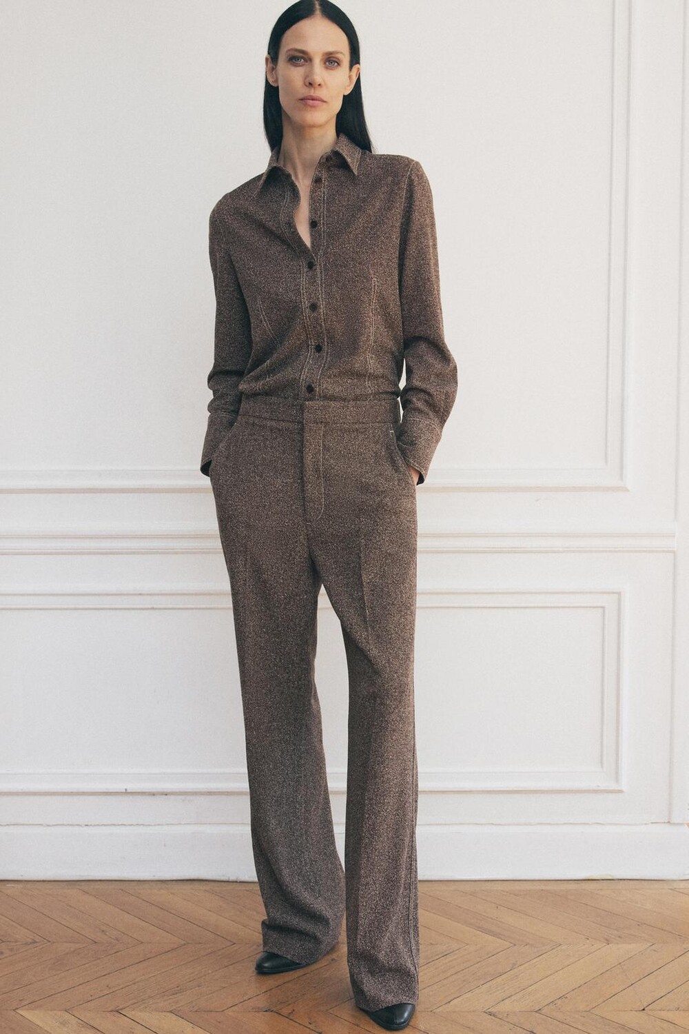 

Рубашка с контрастной отстрочкой коллекция zw ZARA, коричневый/белый