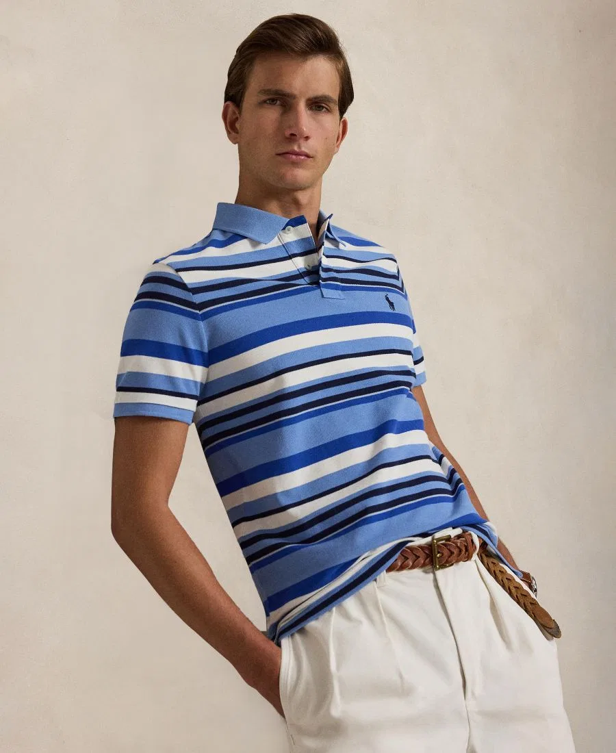 Мужская приталенная полосатая сетчатая рубашка-поло Polo Ralph Lauren, Bristol Blue Multi — фото 4