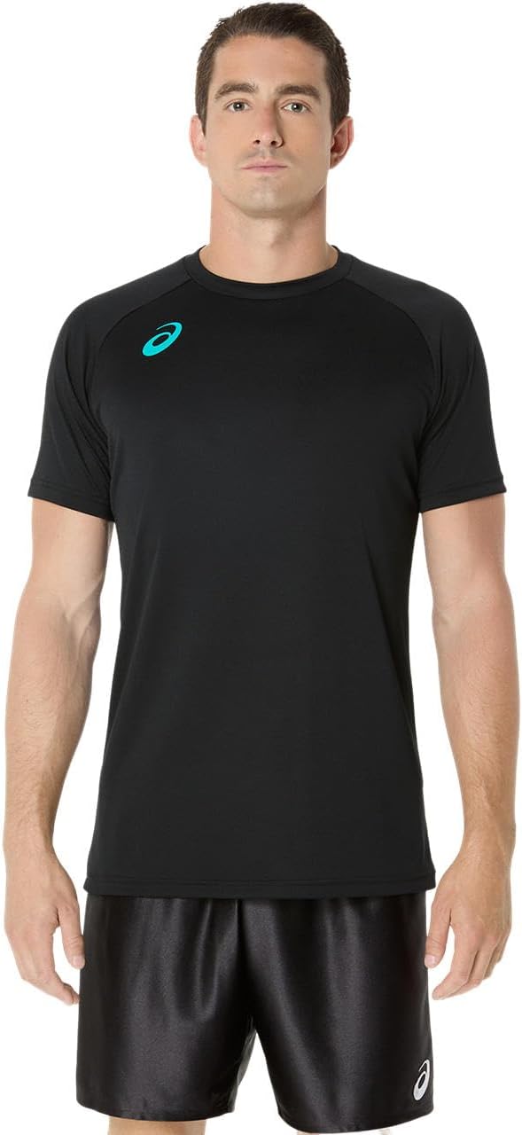 

Футболка ASICS для тренировок по волейболу с коротким рукавом (графический рисунок на спине) 2053A208, унисекс, для взрослых, черный/бирюзовый