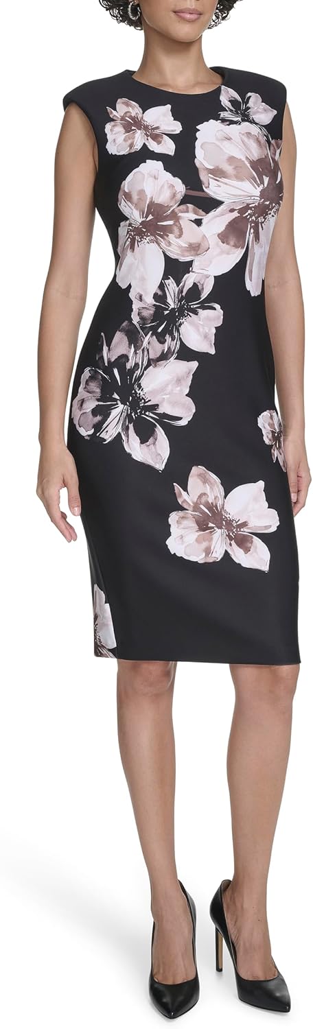 Женское платье-футляр Calvin Klein без рукавов с круглым вырезом и лифом миди, Black/Luggage Multi — фото 2