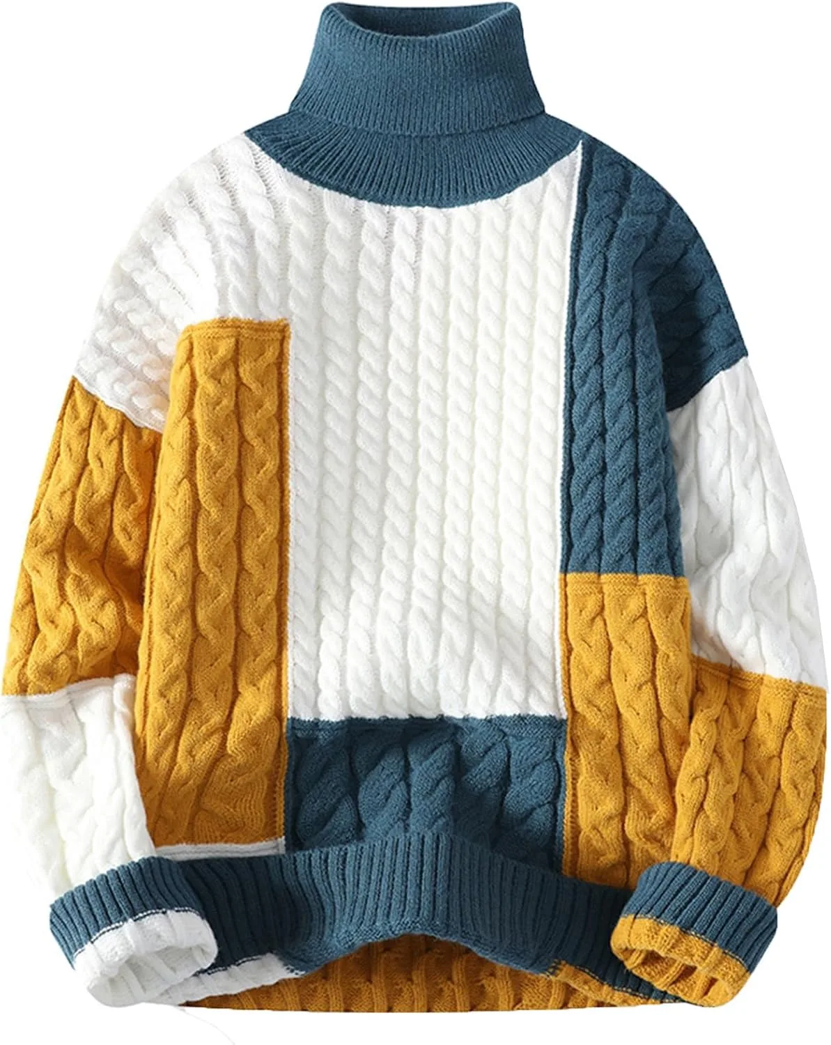 

Свитер мужской с цветными блоками, водолазка, кабельная вязка, плюс сайз AQAYL