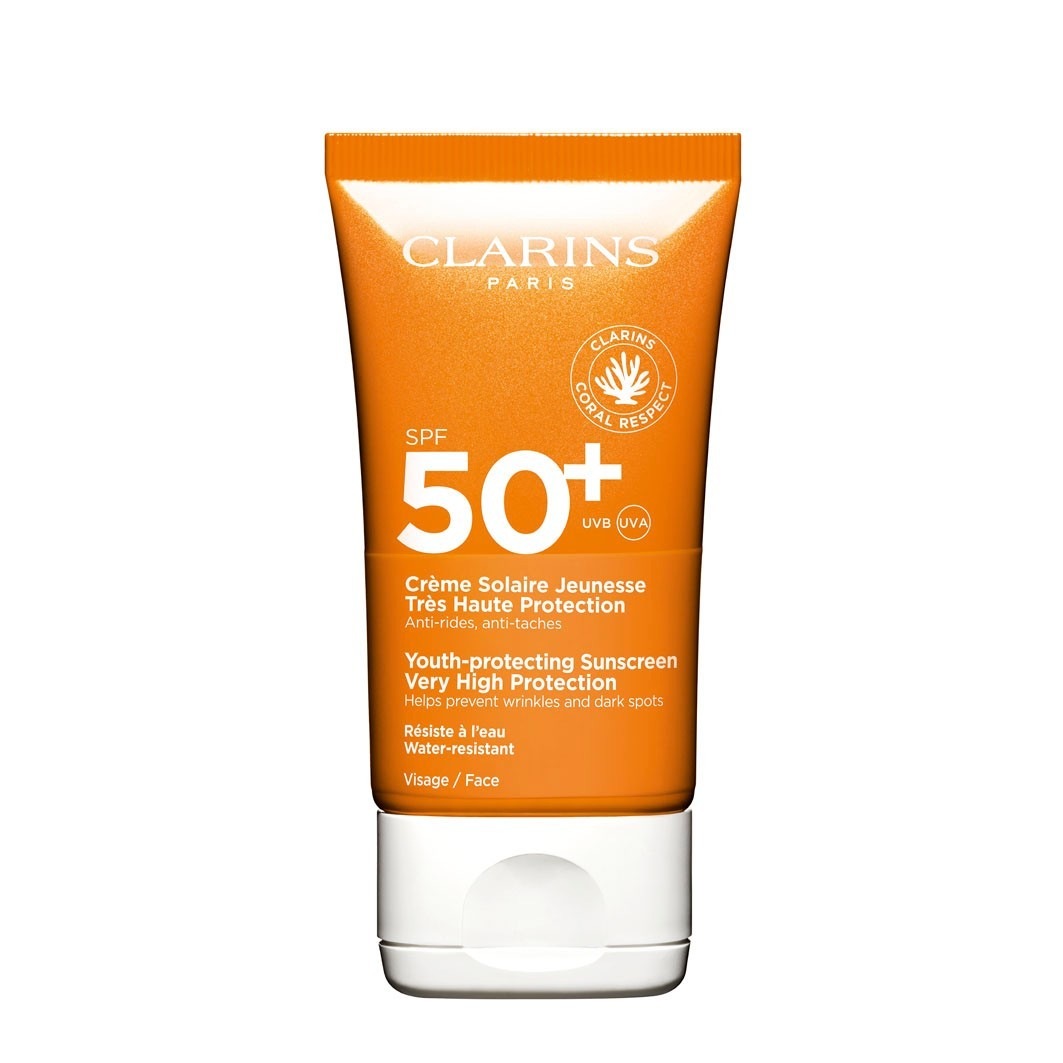 

Солнцезащитный крем sun care crème solaire jeunesse très haute protection spf 50+ Clarins, объем 50 мл