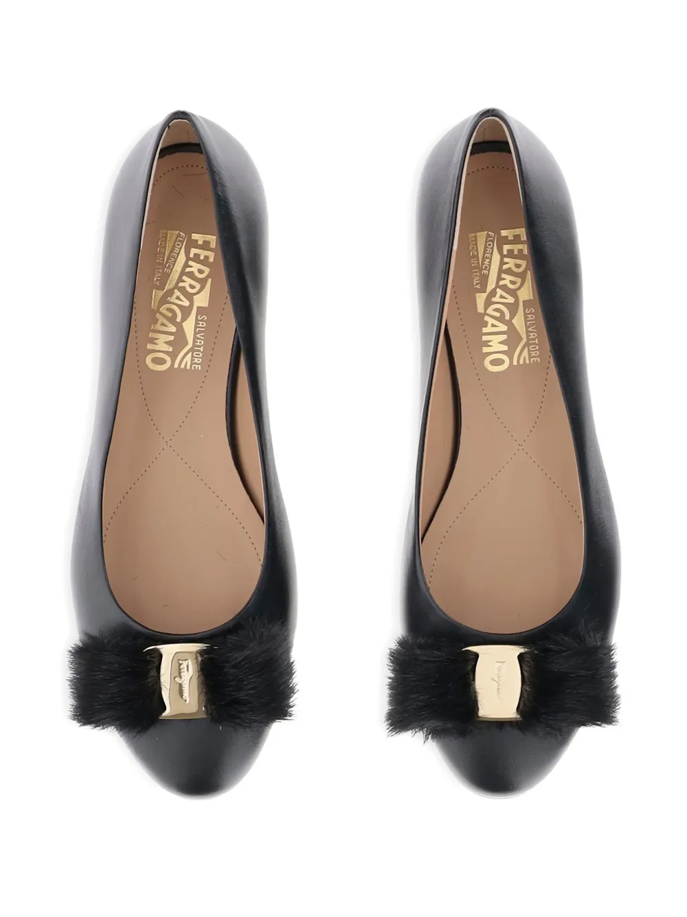 Балетки Vara из кожи с меховыми помпонами Ferragamo, черный — фото 4