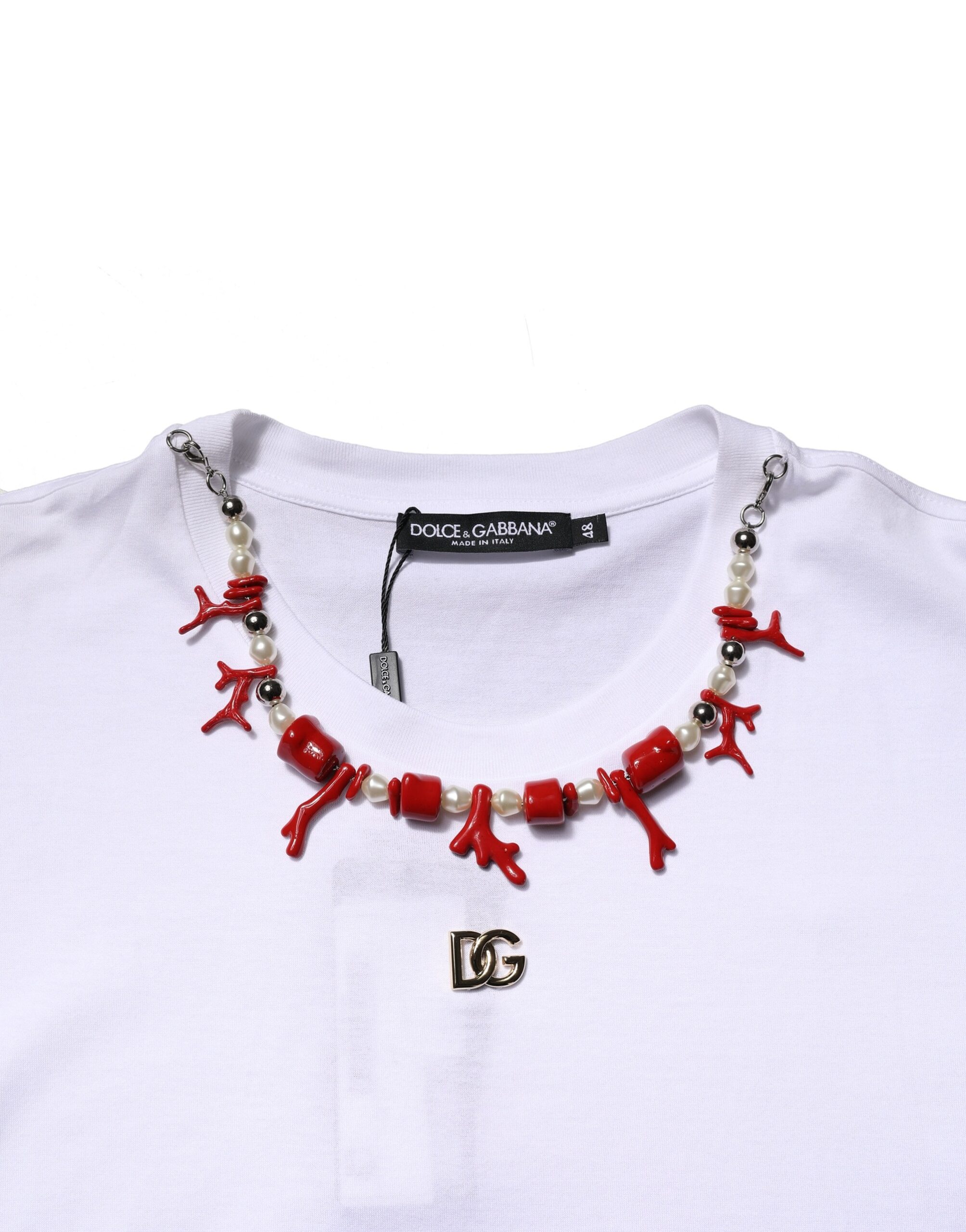 Белая хлопковая футболка с круглым вырезом и отделкой Dolce & Gabbana, White — фото 4