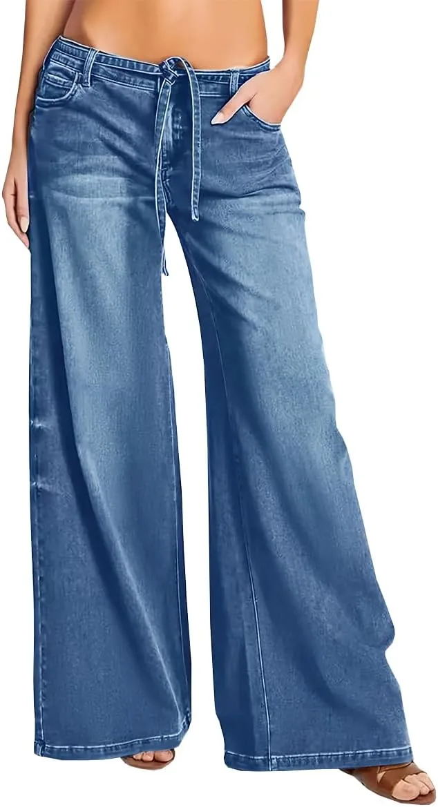 

Женские джинсы Baggy Mid Rise с завязками и прямыми широкими штанинами TACSTRUN