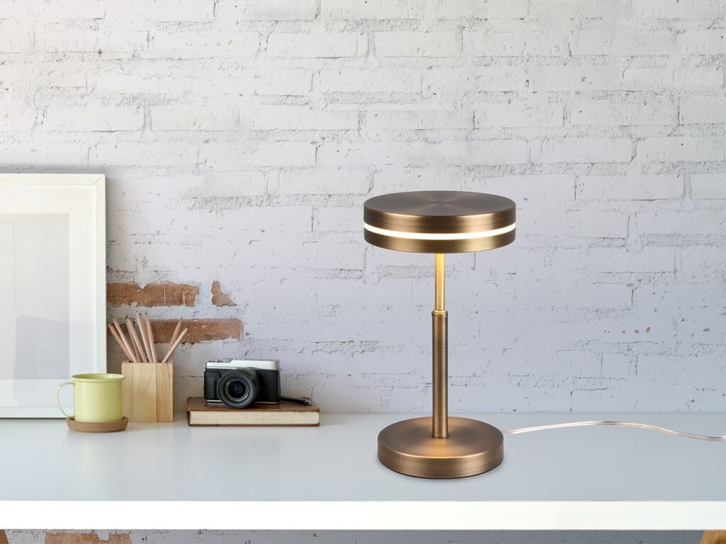 

Маленькая светодиодная настольная лампа FRANKLIN круглая высота 25см, состаренная латунь TRIO