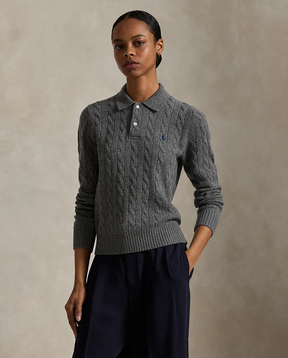 

Женский джемпер из шерсти и кашемира с воротником-поло Polo Ralph Lauren, светло-серый