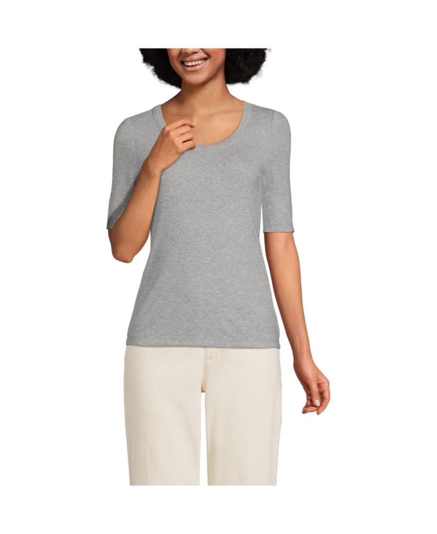 

Женская футболка в рубчик, облегающая, с рукавами до локтя и круглым вырезом Lands' End, Gray heather