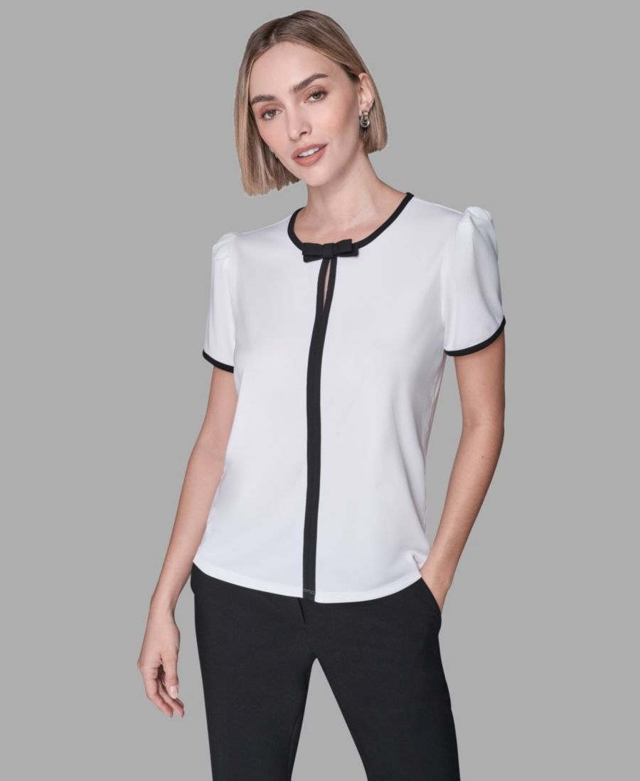 

Женская блузка с вырезом-замочной скважиной, бантом и контрастной окантовкой KARL LAGERFELD PARIS, Soft White/Black