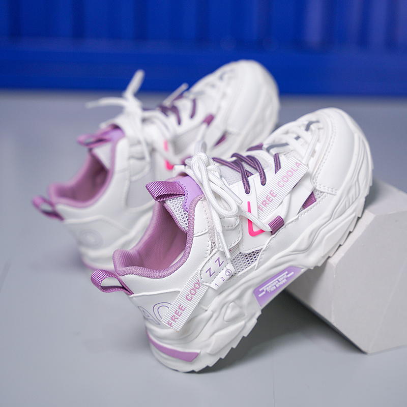 Детские кроссовки для бега low top из искусственной кожи и сетки, нескользящие, устойчивые к истиранию, с амортизацией и дышащие KINDDOG, бежевый фиолетовый — фото 3