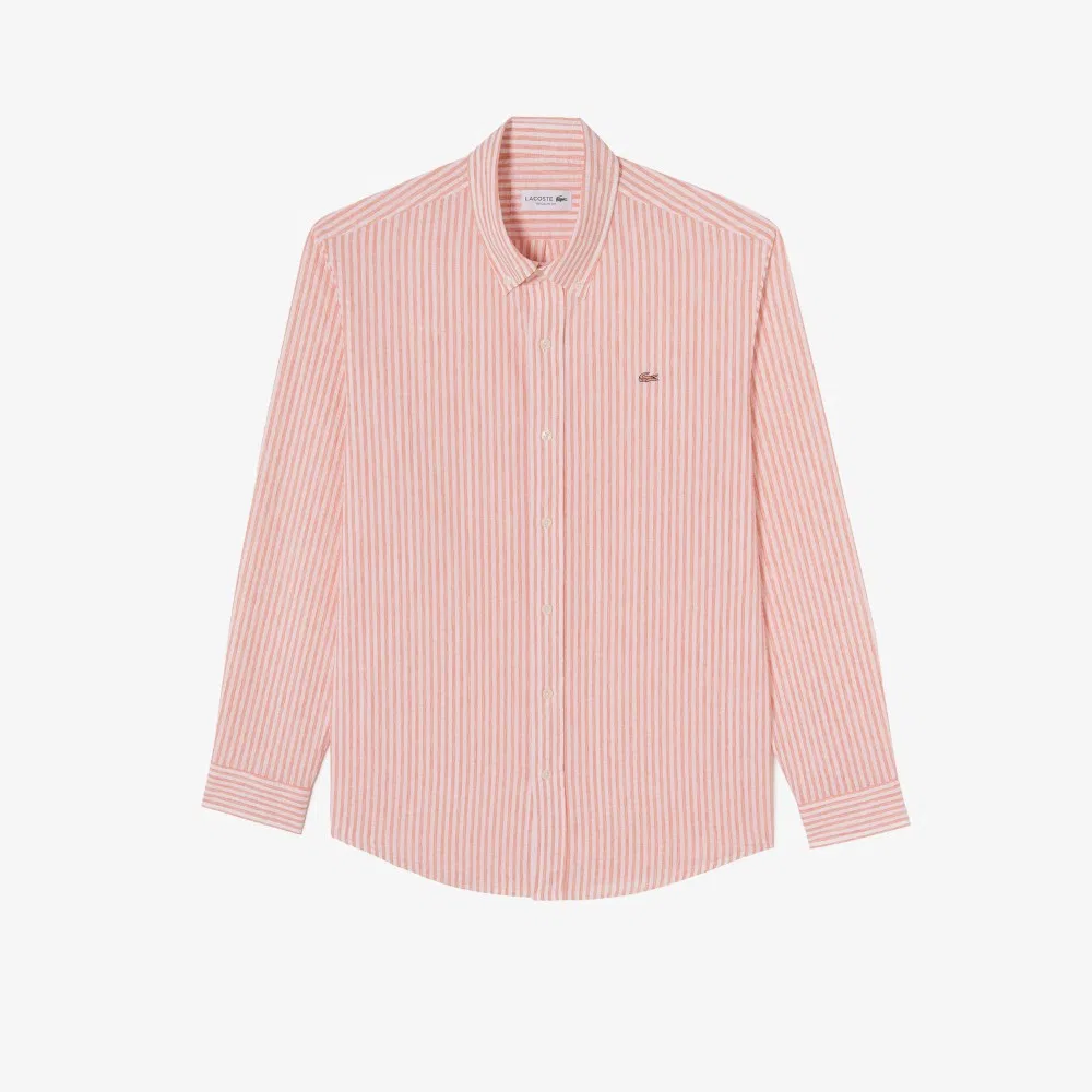 Мужская розовая рубашка в полоску из смесового льна от Lacoste — фото 2