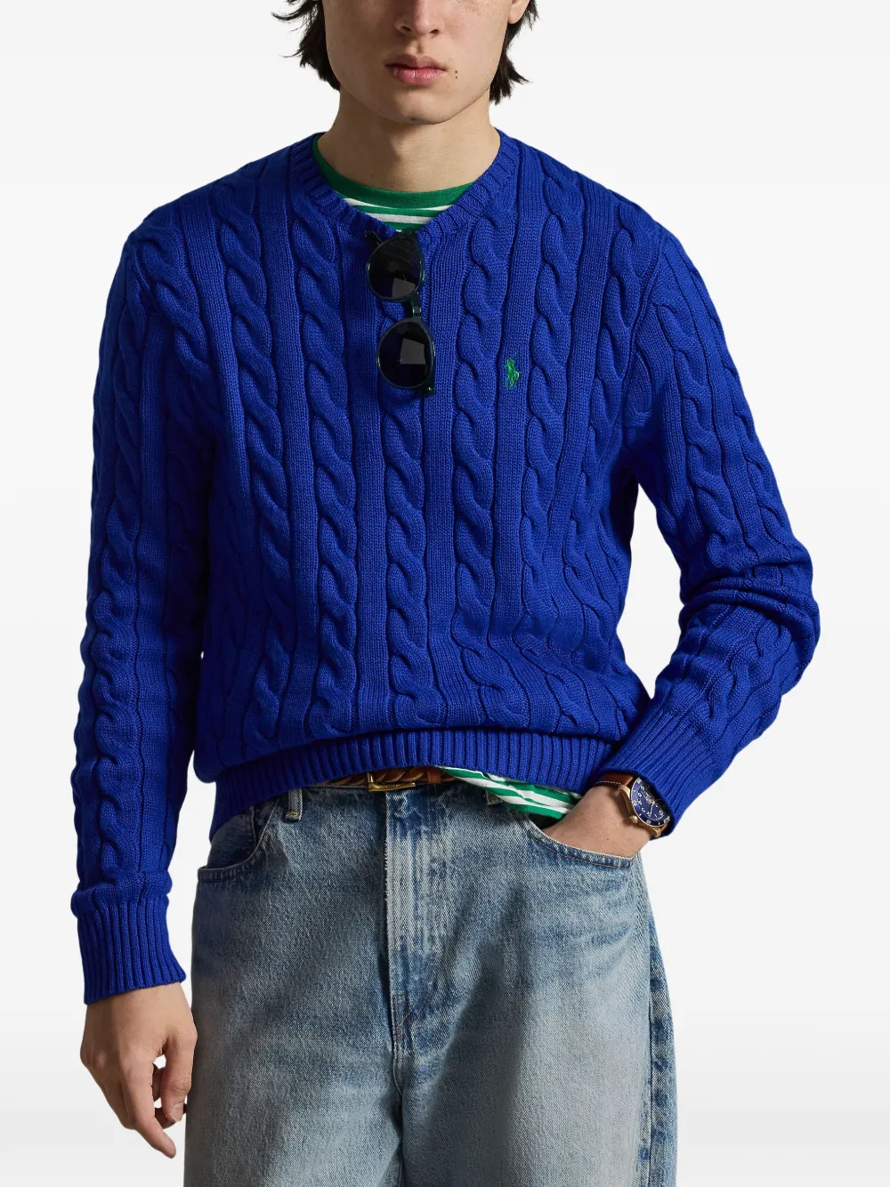 Свитер вязаный косичками Polo Ralph Lauren, синий — фото 2