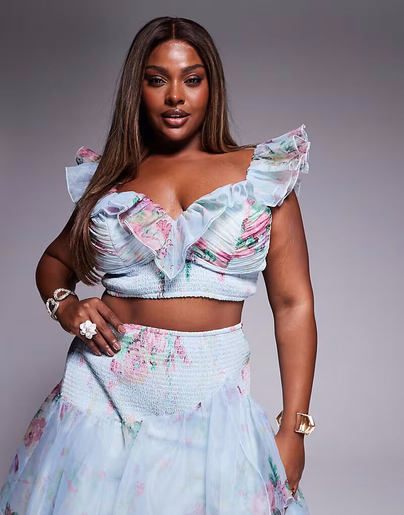

Укороченный топ ASOS LUXE Curve coord со сборками и оборками, с синим цветочным принтом