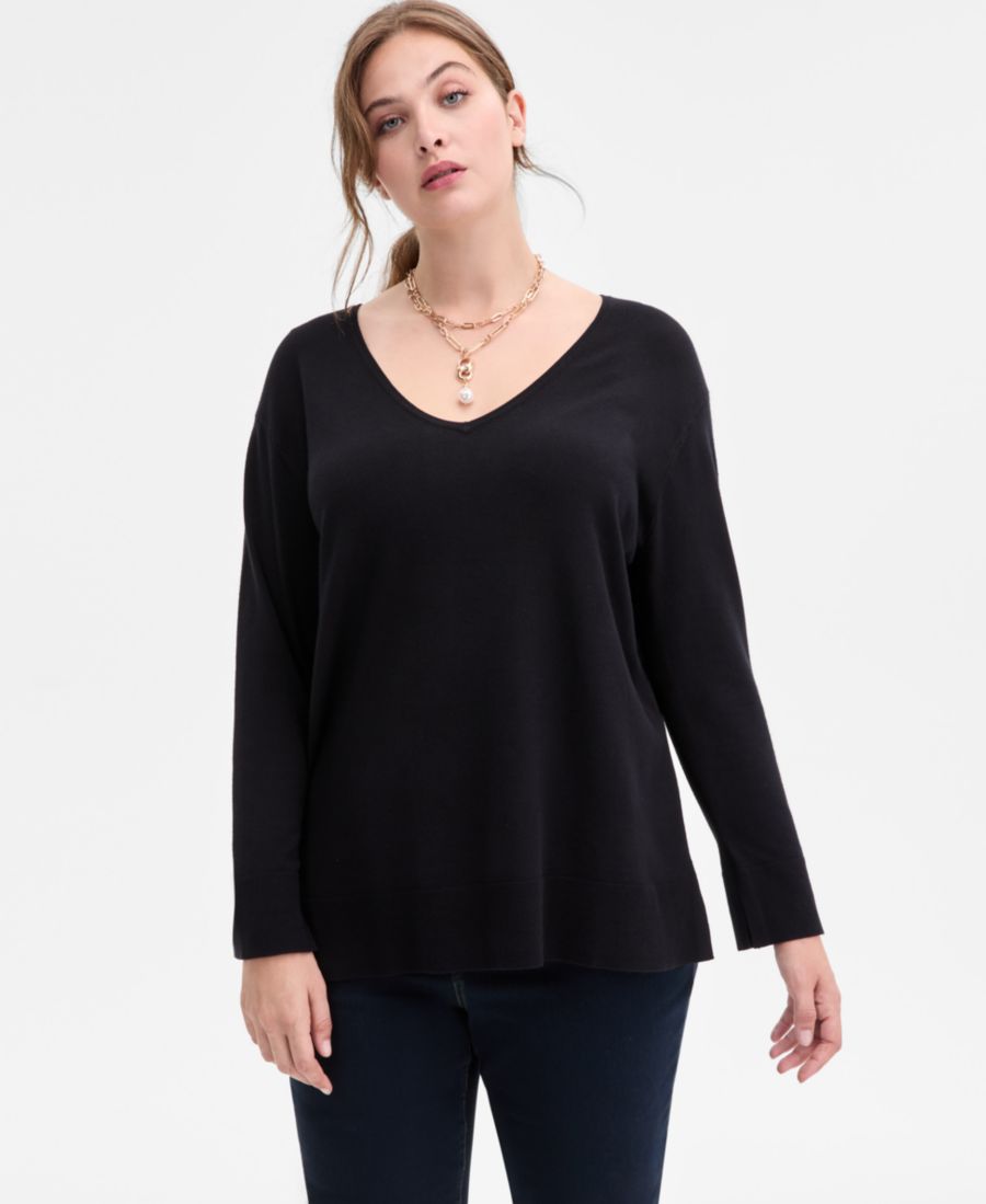 

Туника с V-образным вырезом и длинными рукавами больших размеров INC International Concepts, Deep Black