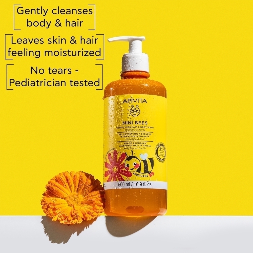 Mini Bees нежный детский гель для мытья волос и тела с календулой и медом для тела и волос Apivita, 500 мл — фото 2