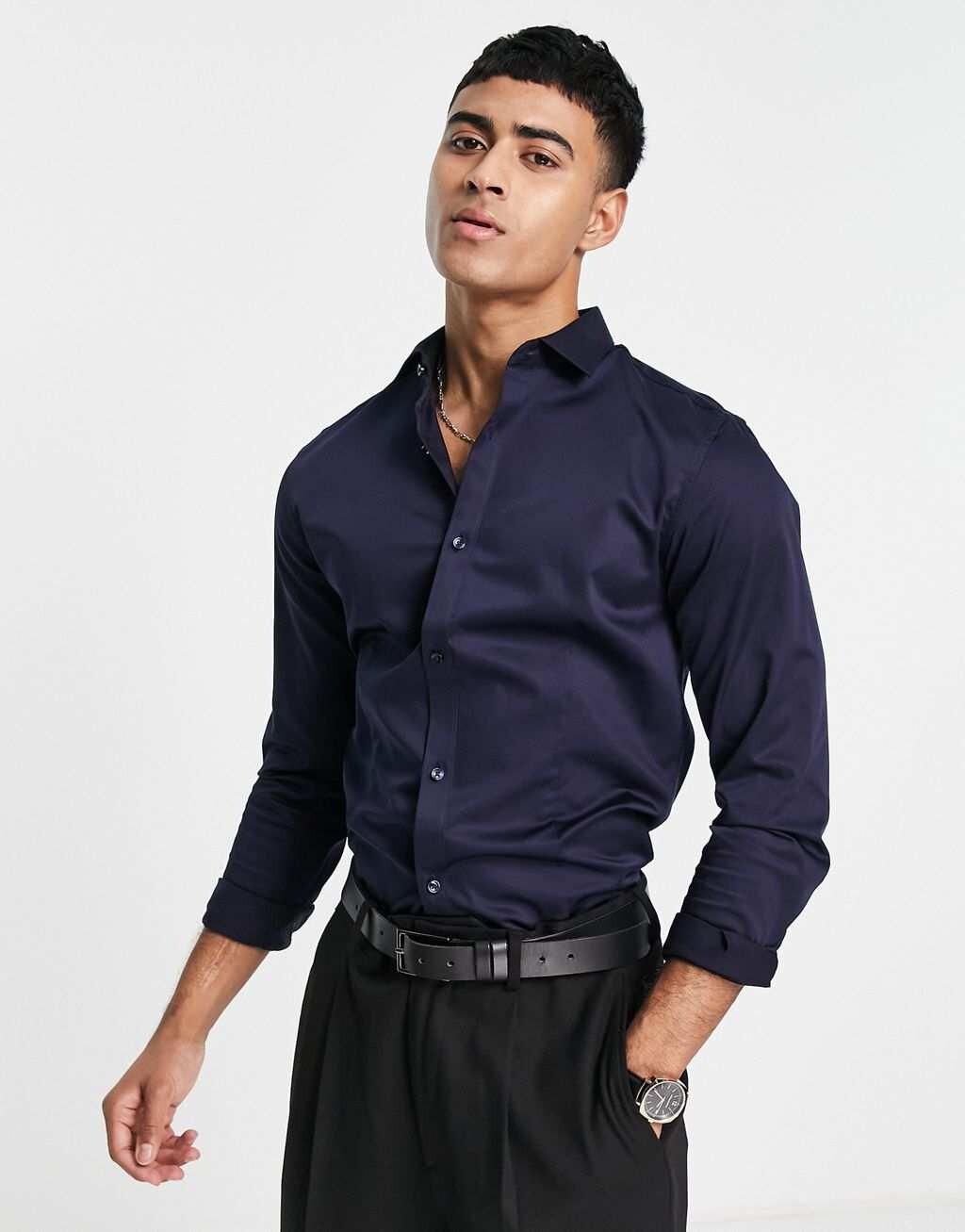 

Темно-синяя эластичная рубашка узкого кроя Jack & Jones Premium