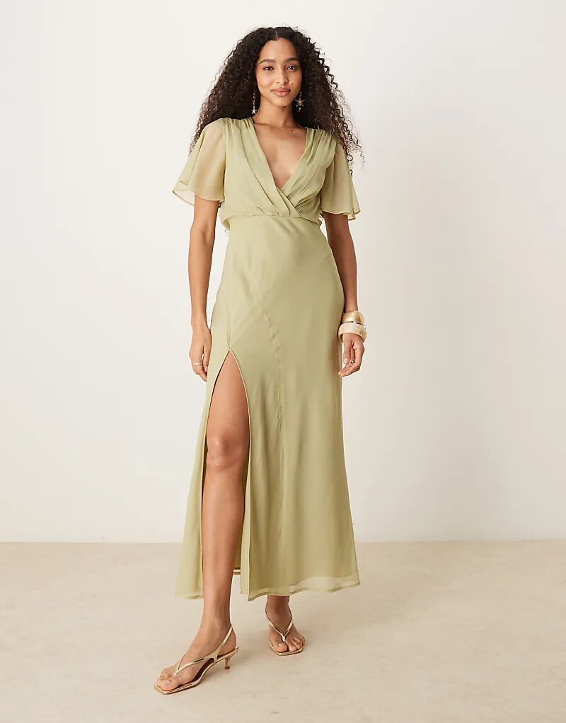 

Платье миди ASOS DESIGN с рукавами-ангелами, запахом спереди и декоративными швами в цвете шалфейно-зеленый