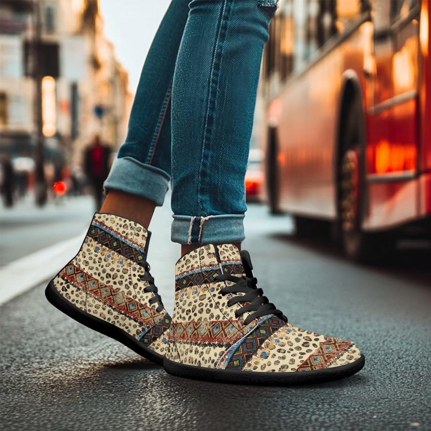 Кроссовки Binienty High Top Barefoot для женщин и мужчин, модные с нулевым перепадом, водонепроницаемые походные ботинки из ПУ-кожи, Retro Tribal Leopard — фото 4