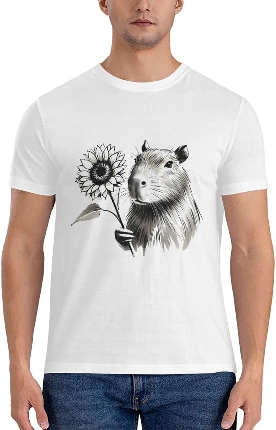 

Man and Woman Cotton T-Shirt Casual Capybara Sunflower Art Shirt WXENAIEDK
