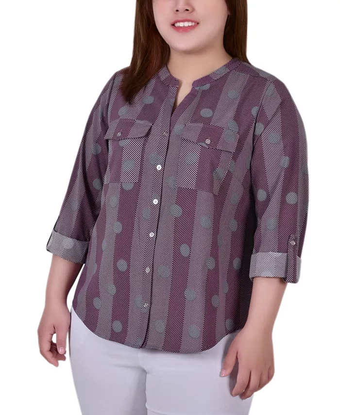

Блуза с рукавом 3/4 и воротником Y-образного кроя Plus Size NY Collection, мультиколор